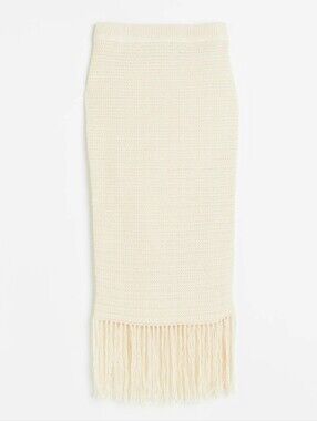 H&M Cream Fringe Knit Midi Skirt